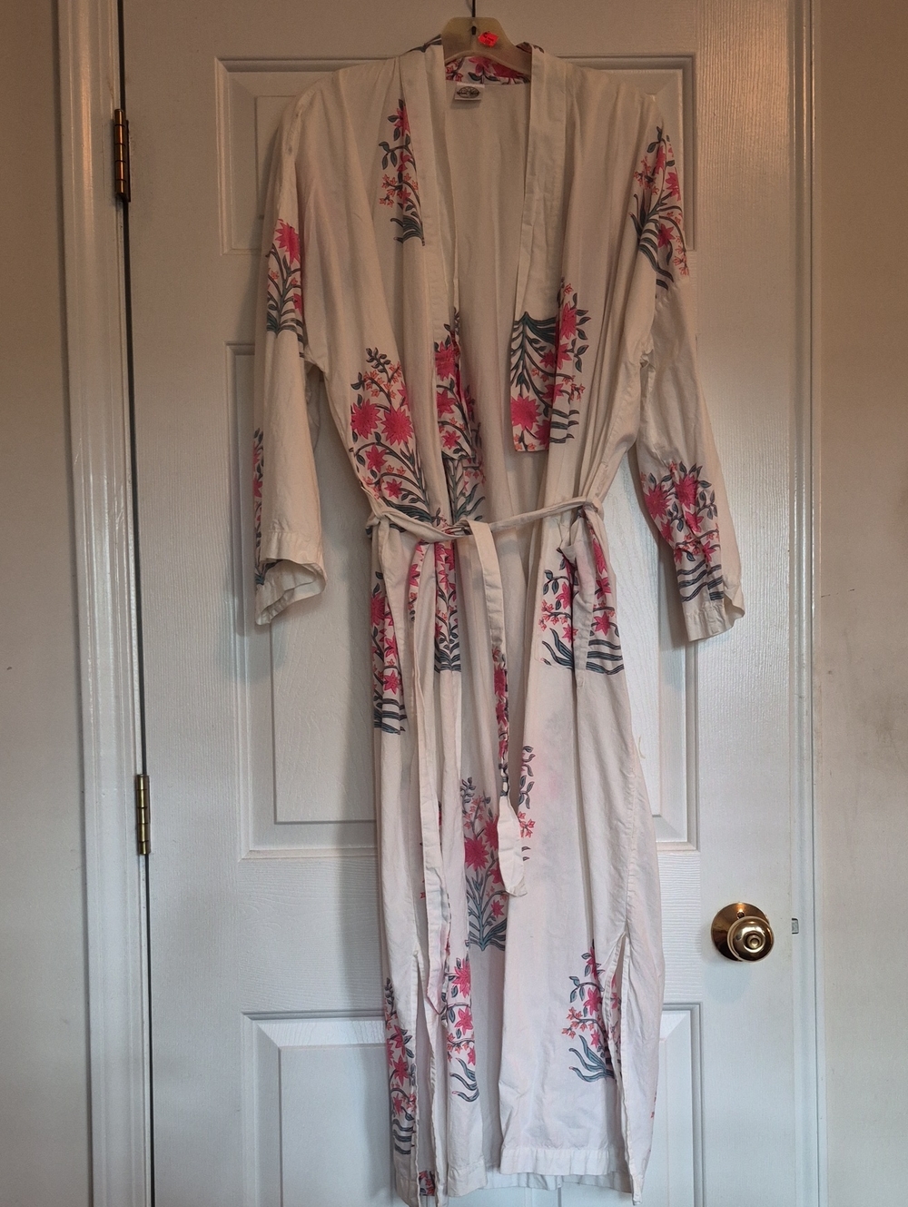 White Floral Kimono Robe with Pink & Blue Accents